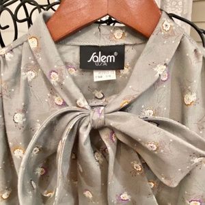 S10-BUNDLE ONLY-Vintage 1980's Neck Bow Gray Printed Long Sleeved Blouse